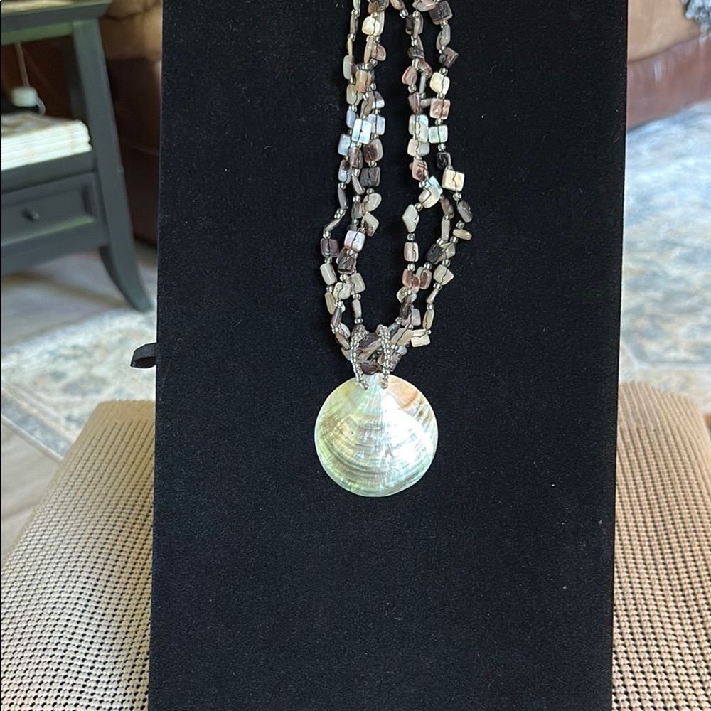 Brown and Cream Abalone triple Strand Necklace with Shell Pendant